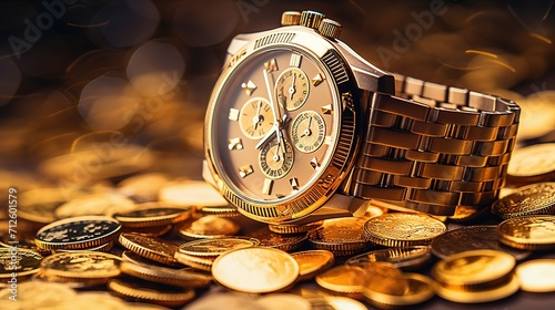 Wristwatch on the background of gold coins ai generative