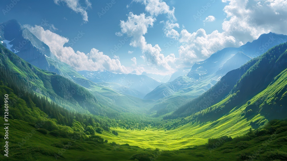 Valley background with copy space for text, featuring a beautiful landscape with mountains, a blue sky, and a wide expanse of grass in the backdrop Valley background with copy space for text, featuring a beautiful landscape with mountains, a blue sky, and a wide expanse of grass in the backdrop