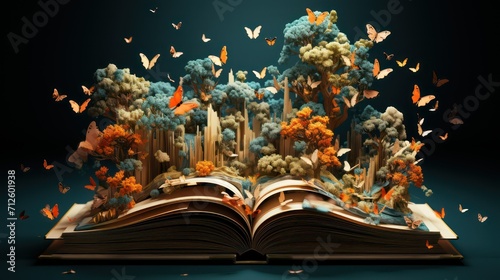 Open book with butterflies flying around it