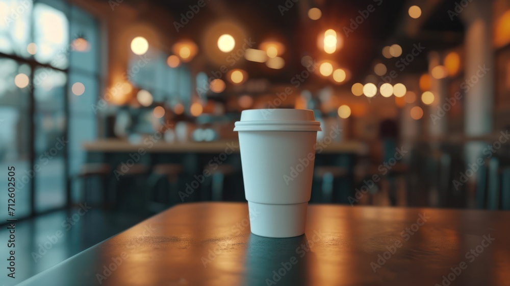 Generative AI, White paper cup on the table in the coffee shop interior, mug mock up blank.	
