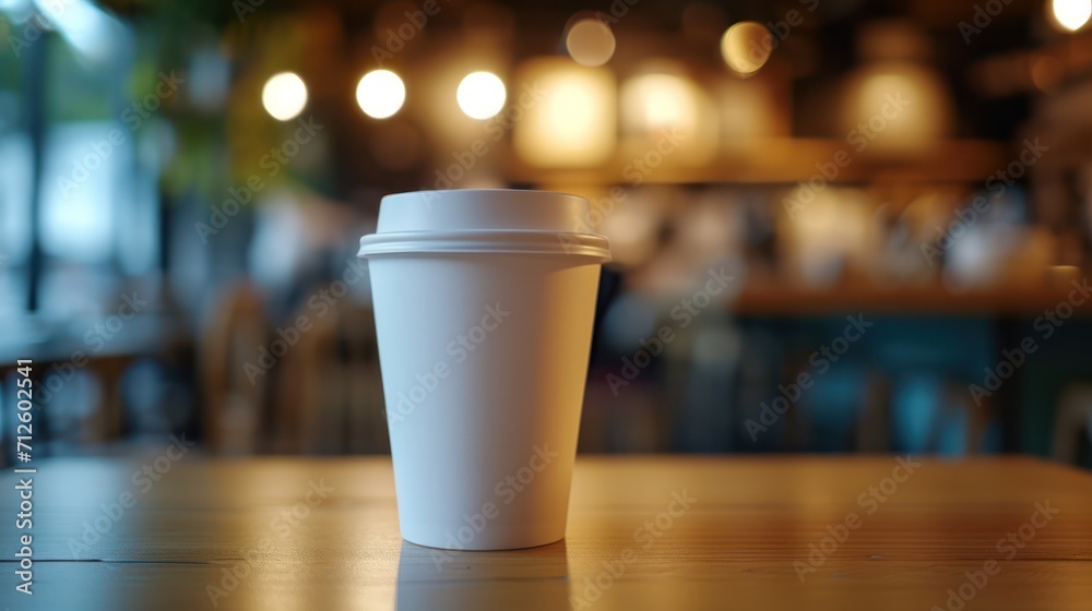 Generative AI, White paper cup on the table in the coffee shop interior, mug mock up blank.
Generative AI, White paper cup on the table in the coffee shop interior, mug mock up blank.