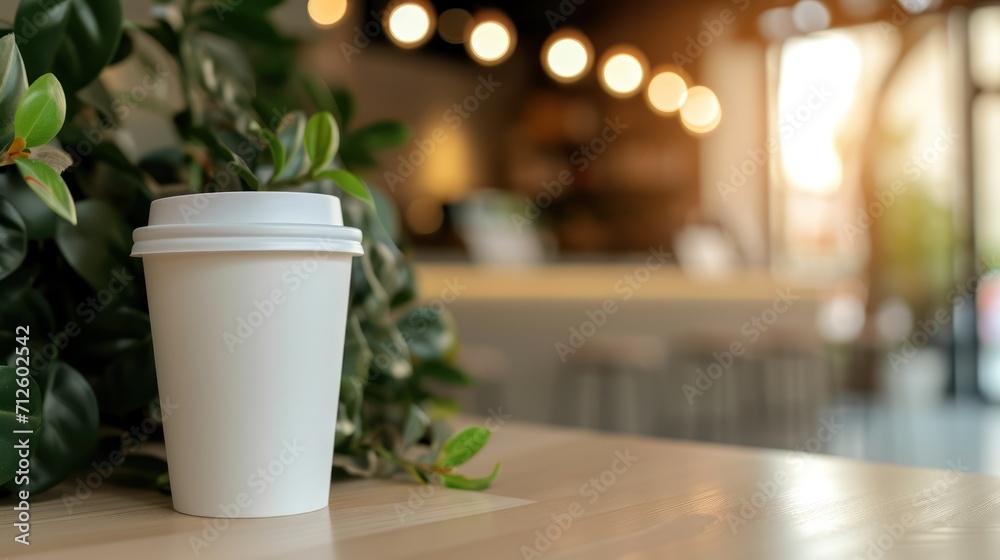 Generative AI, White paper cup on the table in the coffee shop interior, mug mock up blank.
Generative AI, White paper cup on the table in the coffee shop interior, mug mock up blank.