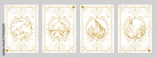 Set of Modern magic witchcraft cards with solar system and four elements. Hand drawing occult vector illustration of water, earth, fire, air elements.