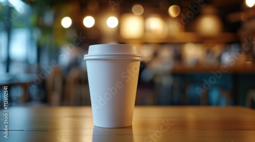 Generative AI, White paper cup on the table in the coffee shop interior, mug mock up blank. 