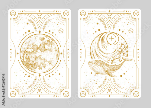 Set of Modern magic witchcraft cards with full moon and whale. Hand drawing occult vector illustration of whale, water and moon.