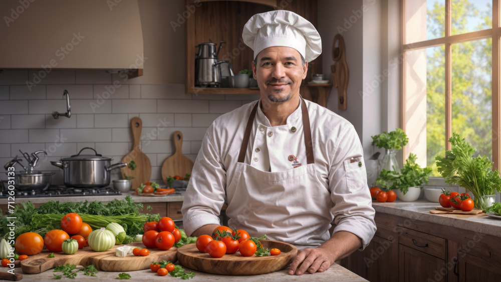 Smiling chef on the background of the kitchen. AI Smiling chef on the background of the kitchen. AI