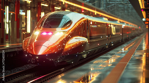 Conceptual high-speed train is speeding past the station in the city. AI generated image