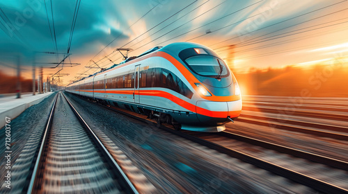 The high-speed train is driving at full speed in the countryside. AI-generated image 