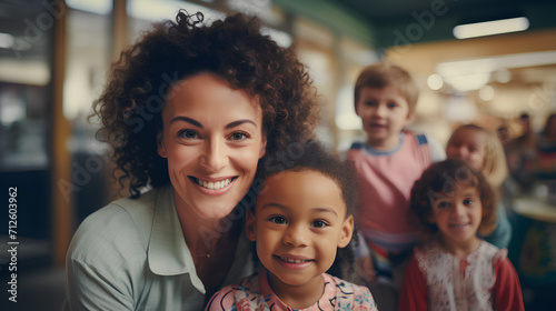 Portrait of Teacher and Black Woman with Students Learning in Classroom
