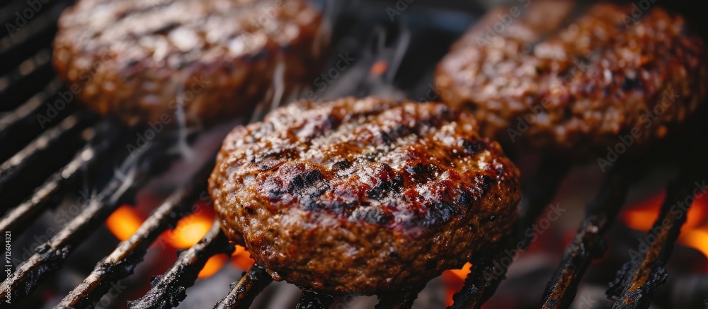 Close-up view of grilled homemade beef hamburger patties cooking on charcoal barbecue grates at a backyard cookout. - obrazy, fototapety, plakaty 