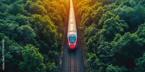 The high-speed train is driving at full speed thru the forest. AI-generated image	