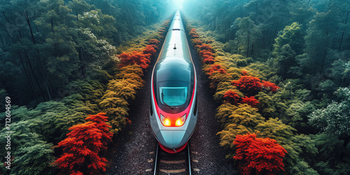The high-speed train is driving at full speed thru the forest. AI-generated image	 photo