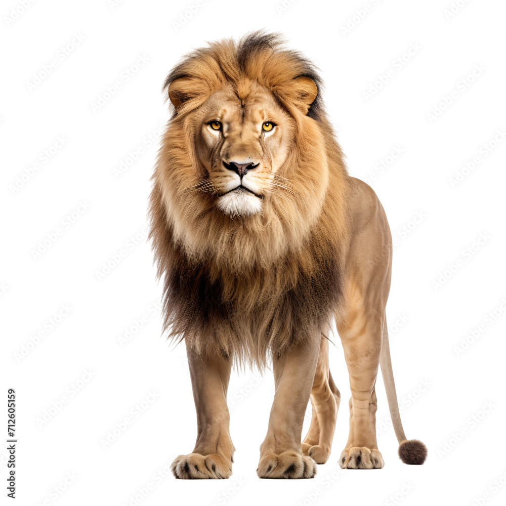 majestic male lion isolated on a white background, a transparent PNG of a Lion standing looking at the camera.