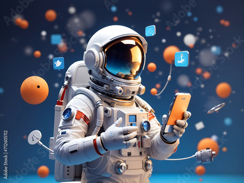 Concept of phone applications. A 3D astronaut communicates via Messenger from a smartphone. Games, email, liking posts. Communication in social networks. Digital market advertising.