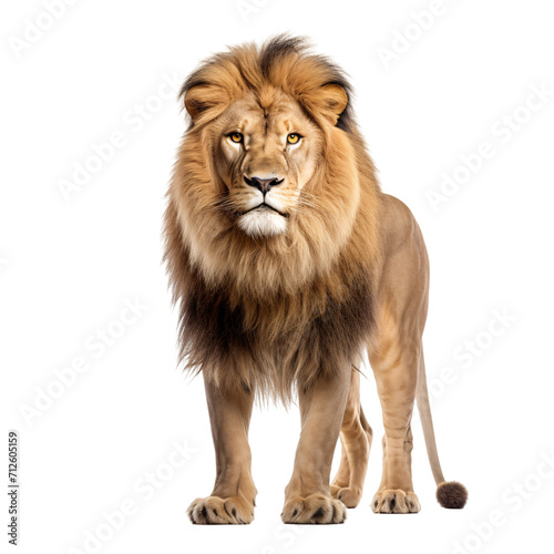 majestic male lion isolated on a white background, a transparent PNG of a Lion standing looking at the camera.