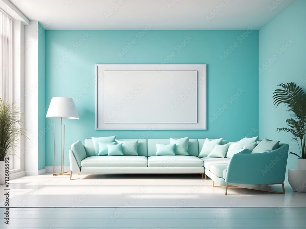 Creative interior concept. Abstract turquoise aqua large empty wall room with white blank frame furniture deco. Banner template for product presentation. Mock-up 3D rendering of living. Creative interior concept. Abstract turquoise aqua large empty wall room with white blank frame furniture deco. Banner template for product presentation. Mock-up 3D rendering of living.
