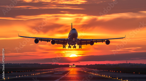 Airplane Taking Off at Sunset