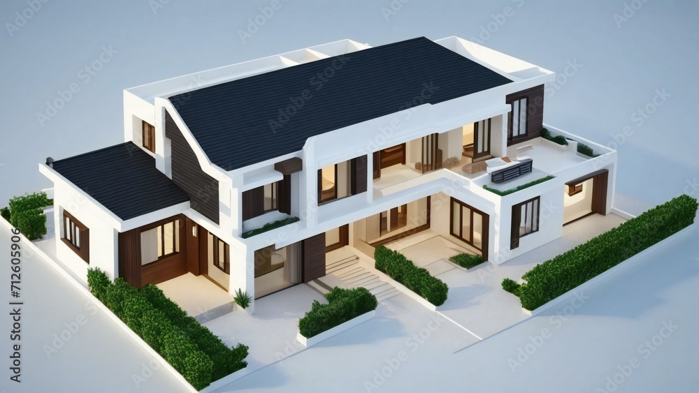 3d house model rendering on white background, 3D illustration modern cozy house