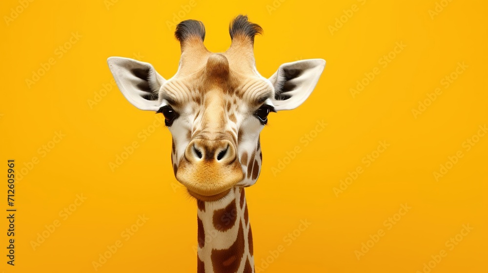 Obraz premium Close-up of a giraffe's face on a yellow background, close-up portrait of a giraffe