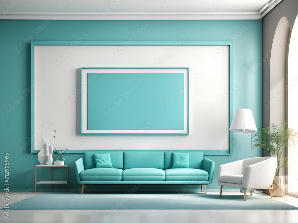 Creative interior concept. Abstract turquoise aqua large empty wall room with white blank frame furniture deco. Banner template for product presentation. Mock-up 3D rendering of living. Creative interior concept. Abstract turquoise aqua large empty wall room with white blank frame furniture deco. Banner template for product presentation. Mock-up 3D rendering of living.