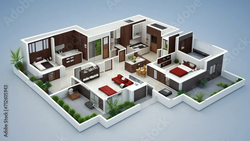 3D illustration floor plan of a house, modern cozy house isolated on white background