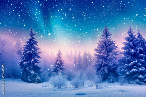 A mesmerizing view of a snowy landscape under a starlit sky with aurora borealis illuminating the serene and tranquil winter night