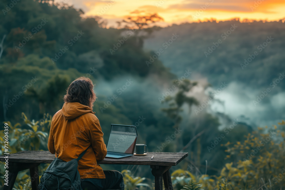 Remote Work Amidst Serene Mountain Scenery