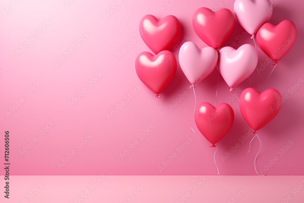 3D rendering of a pink backdrop with a helium-filled heart shape, space, Generative AI.