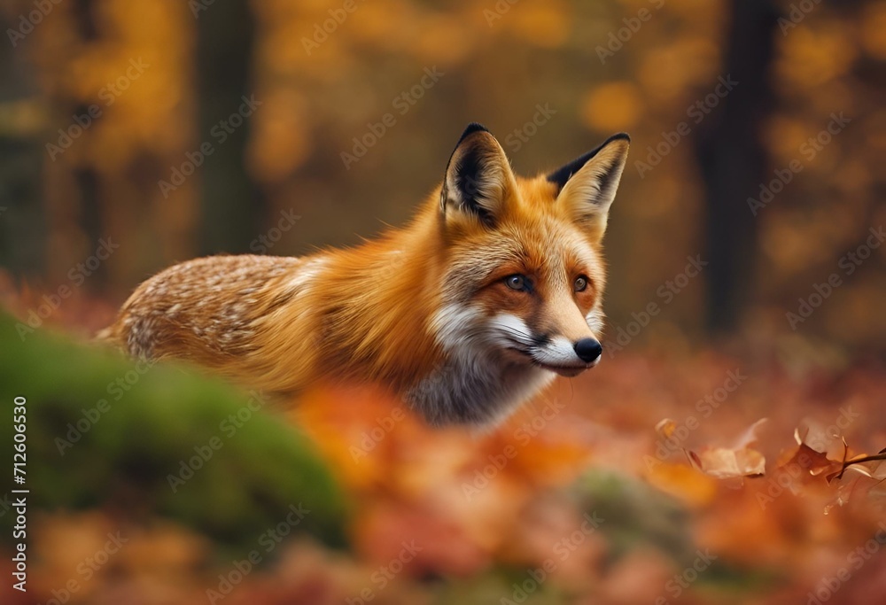 Fototapeta premium a red fox sitting in the leaves on the ground in a forest