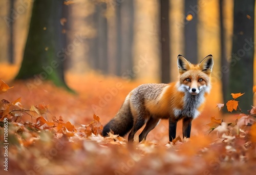 a red fox is standing in leaves in an autumn forest © Wirestock