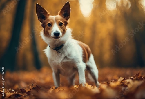a brown and white dog is standing on a bunch of autumn leaves