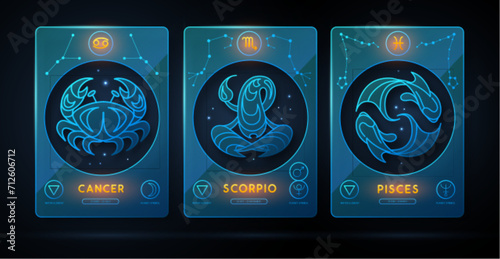 Set of neon modern magic witchcraft cards with astrology water zodiac signs. Zodiac characteristic. Cancer, Scorpio, Pisces Zodiac icons. Vector illustration
