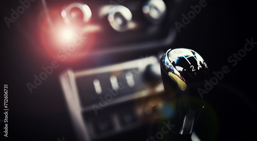 Manual gearbox. Car interior details. Car transmission. Soft lighting. Abstract view photo