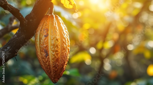 A big copy space with a cocoa pod hanging on tree with sunshine, Generative AI.
