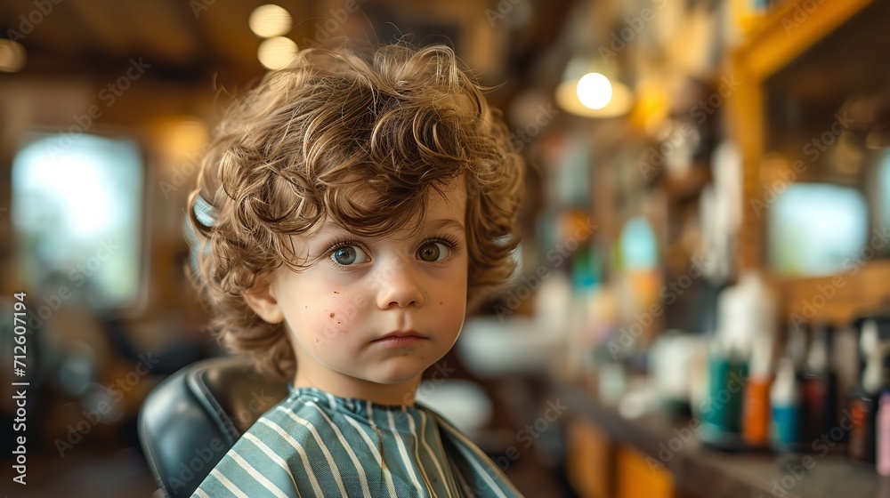 A little boy having hair cut in saloon with a big copy space, Generative AI.