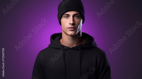Homem jovem com gorro e moletom preto em fundo violeta