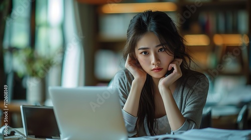 A young Asian woman in her office, looking at a laptop, appears worried and overworked, space, Generative AI.