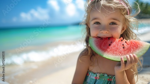 Adorable young child on a sandy beach, munching exquisite watermelon in summer, space, Generative AI. photo