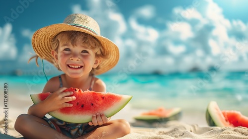 Adorable child boy on a sandy beach, munching exquisite watermelon in summer, space, Generative AI.