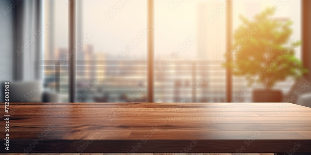 Fototapeta premium Blurry living room with empty wood table.