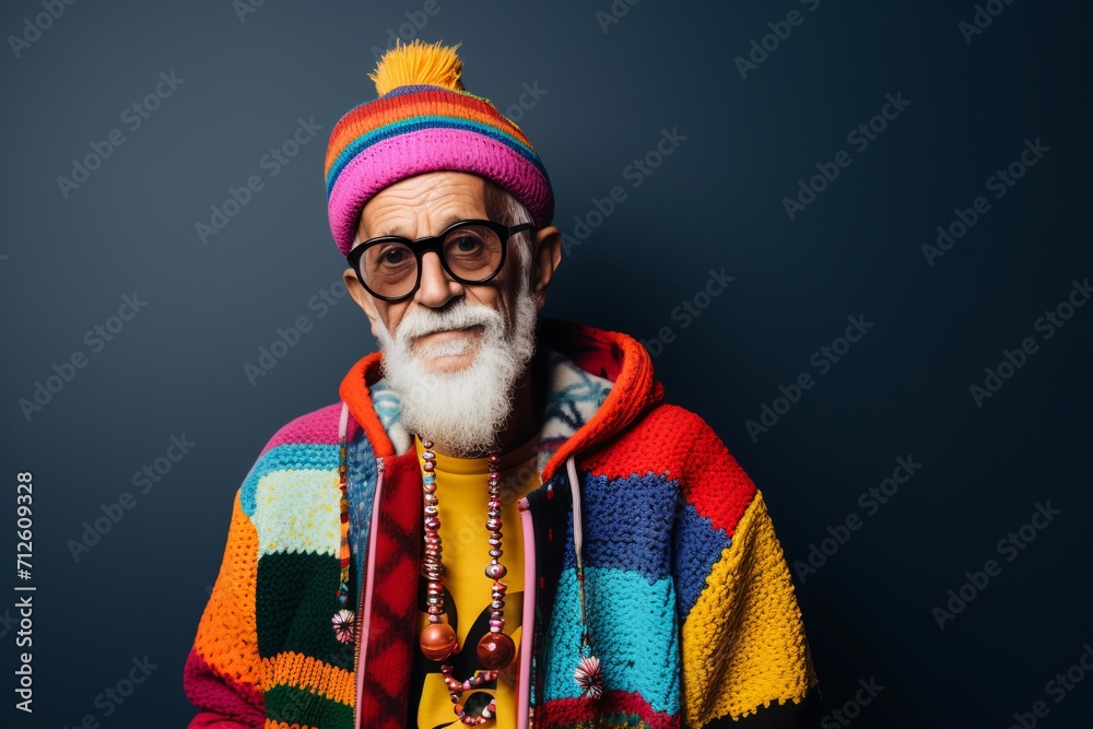 Portrait of a handsome senior hipster man with long gray beard and mustache wearing a colorful knitted hat and colorful jacket. Portrait of a handsome senior hipster man with long gray beard and mustache wearing a colorful knitted hat and colorful jacket.