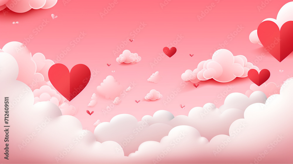 Happy Valentine's day blank background, beautiful paper cut clouds with 3d red hearts on pink background. Vector illustration. Papercut style. Generate AI