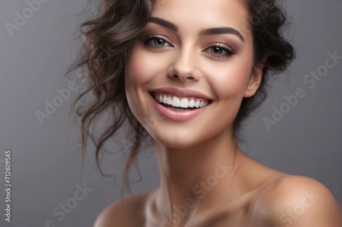 Close Up woman Beautiful smile on grey background