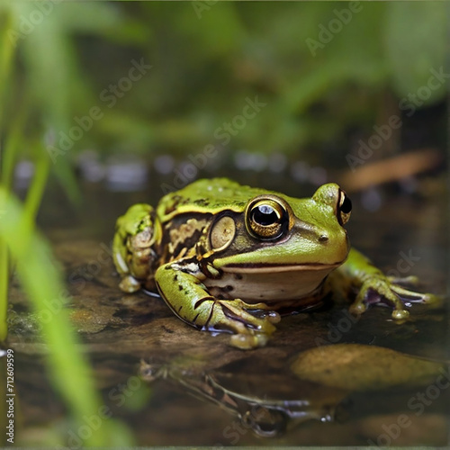 A frog sits on a leaf in water