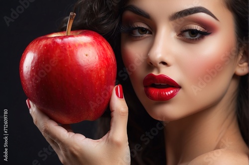 Close up Sexy woman with red lips taking a bite from red apple