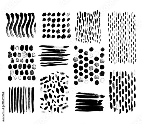 Set of black and white grunge overlay texture shapes, painting ink organic strokes lines circles noise patterns