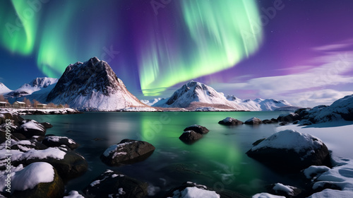 Green and purple aurora borealis over snowy mountains. AI Generative.
