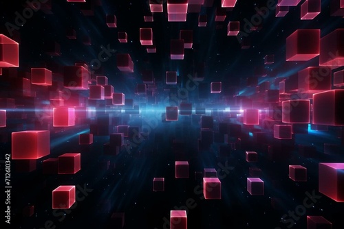 Abstract space background with glowing cuboids in red, blue, and pink, set on a dark backdrop. Generative AI
