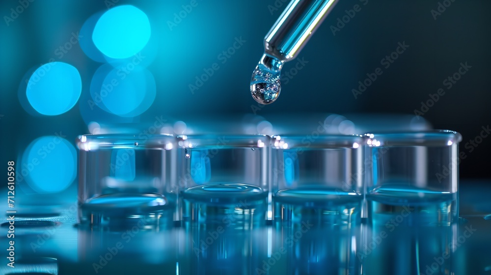 Close-up of a pipette drop of liquid atop a test tube made of glass, space, Generative AI.