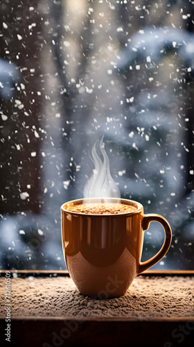 Steaming Hot Beverage in a Brown Mug Against Snowy Window  Cozy Winter Concept